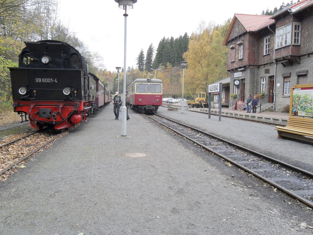 Triebwagen und Dampfzug in Alexisbad